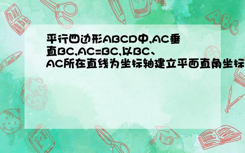 平行四边形ABCD中,AC垂直BC,AC=BC,以BC、AC所在直线为坐标轴建立平面直角坐标系,B已知平行四边形ABCD中,AC⊥BC,且AC＝BC,以BC,AC所在直线为坐标轴建立平面直角坐标系,B（－6,0）直线y＝3x＋b过点D且