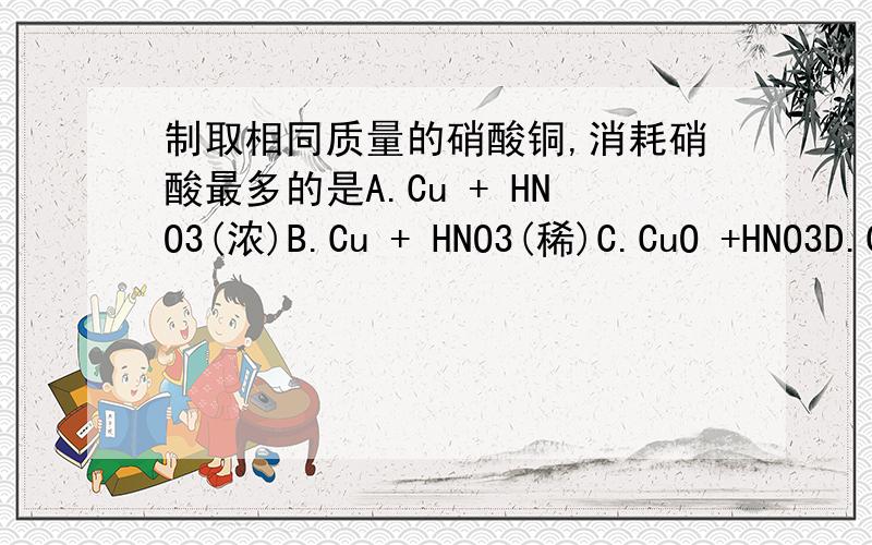 制取相同质量的硝酸铜,消耗硝酸最多的是A.Cu + HNO3(浓)B.Cu + HNO3(稀)C.CuO +HNO3D.Cu(OH)2 +HNO3注意是相同质量的硝酸铜.请结合化学方程式分析,