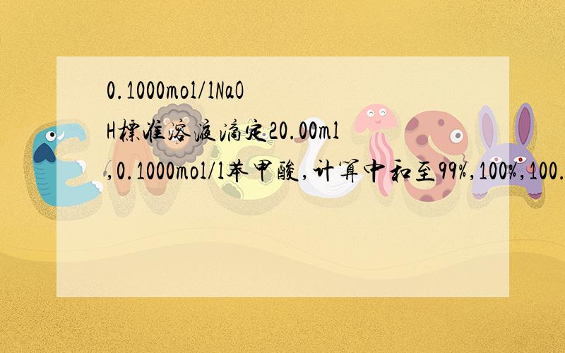 0.1000mol/lNaOH标准溶液滴定20.00ml,0.1000mol/l苯甲酸,计算中和至99%,100%,100.1%各点的PH值
