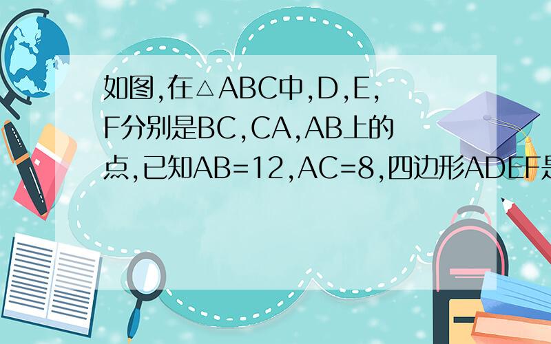 如图,在△ABC中,D,E,F分别是BC,CA,AB上的点,已知AB=12,AC=8,四边形ADEF是菱形,菱形ADEF边长为急,没财富了,对不起啊,