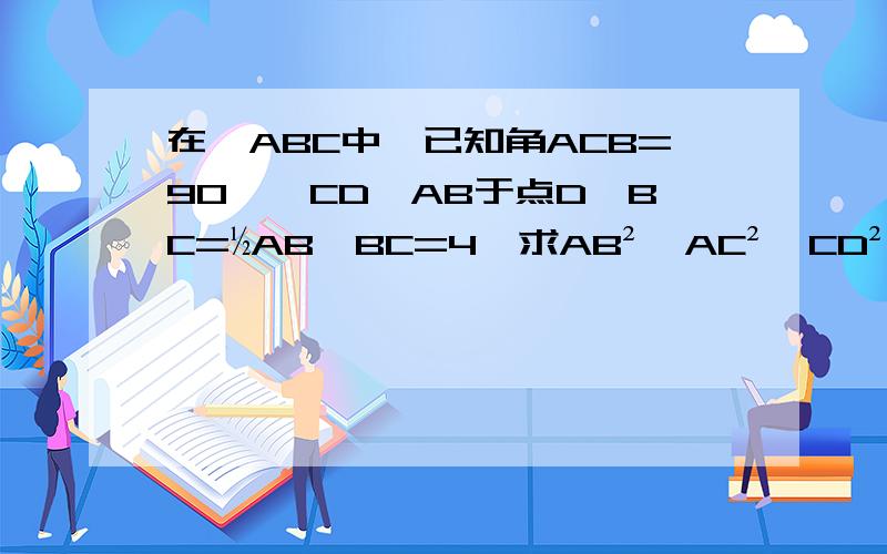 在△ABC中,已知角ACB=90°,CD⊥AB于点D,BC=½AB,BC=4,求AB²、AC²、CD²的值.